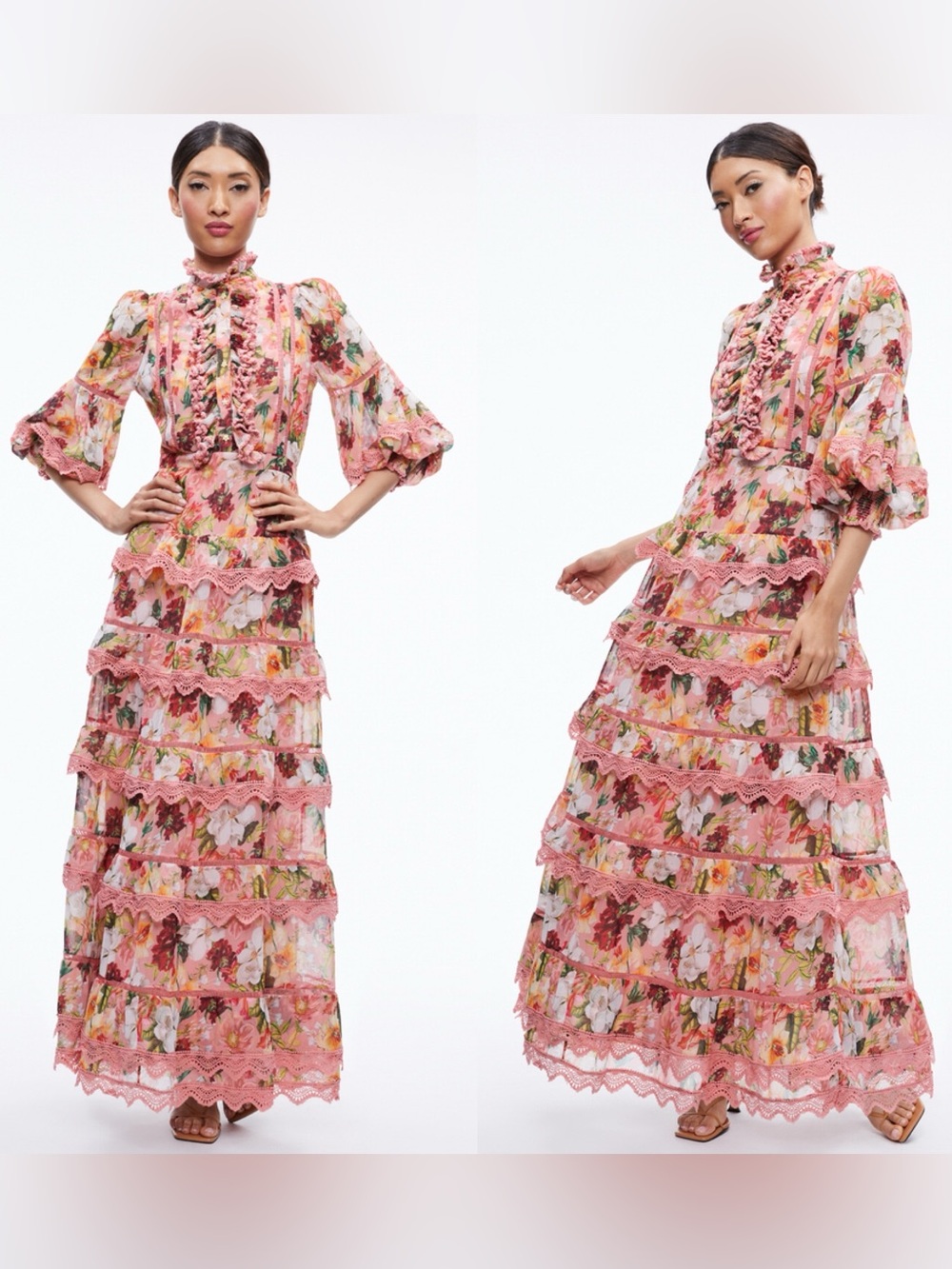 Alice + Olivia Brooke High Neck Maxi Dress Juniper Floral Rose Button Front 6 - Picture 3 of 16